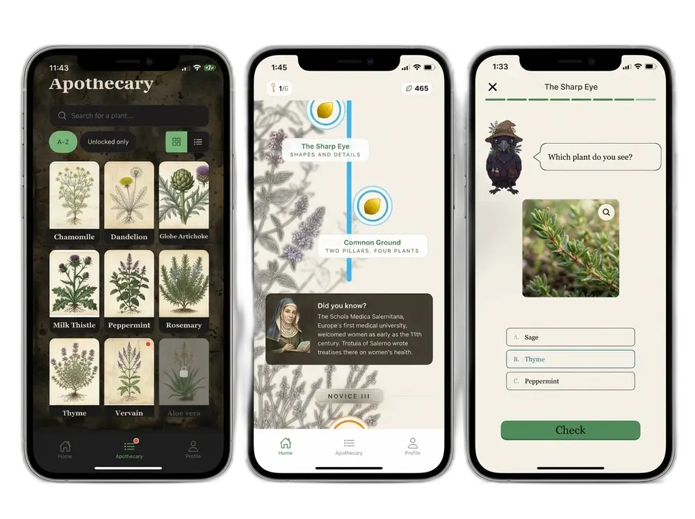 Three Vervain app screens showing the virtual apothecary, a learning path, and a visual plant recognition quiz